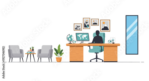 Modern Office Interior with Person at Desk.