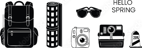 Black and white minimalist vector art of travel backpack rolled picnic blanket sunglasses cameras and sale tag with hello spring text simple flat design icons