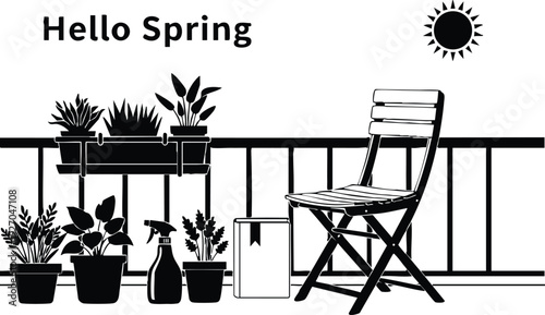 Black and white vector art of sunny balcony with flower pots wooden chair and book greeting hello spring in flat design style