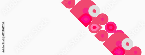 Pink circles, squares form diagonal pattern. Minimalist design, simple geometry, white background dominates image.