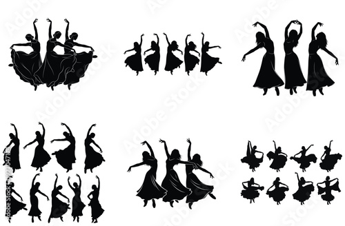 Female dancer silhouette collection. Includes various poses and styles of women dancing. Created in solid black vector style.
