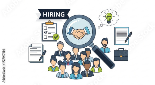 Diverse group of business professionals surrounded by hiring and recruitment symbols