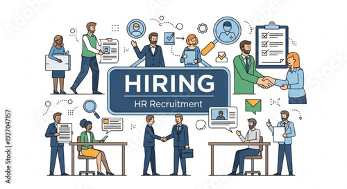 Hr recruitment and hiring process with diverse business professionals interacting