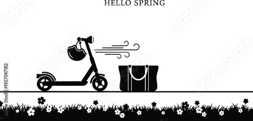 Minimalist flat design black silhouette electric scooter with helmet and large bag on floral grass with hello spring text above simple vector art