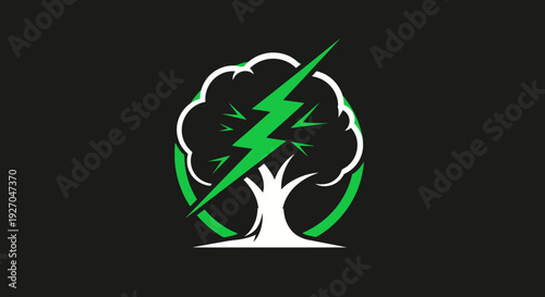 Green lightning bolt striking a stylized tree on black background