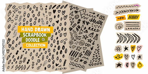Hand drawn scrapbook doodle collection with various shapes and lettering