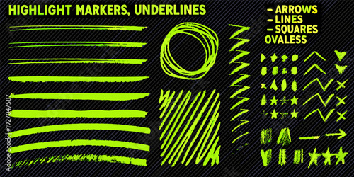 Collection of bright green highlighter marker strokes and annotation symbols
