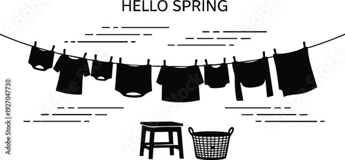 Minimalist black silhouette vector art of hanging laundry clothes on line with basket and stool under hello spring text seasonal cleaning concept design
