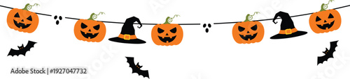 Halloween garland with carved pumpkins witch hats and flying bats in cad drawing flat vector illustration for spooky holiday party decoration