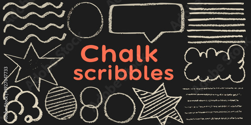 Chalk scribbles and geometric shapes drawn on a black chalkboard