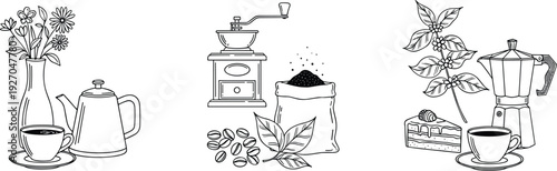 Hand drawn coffee collection with grinder beans moka pot cup and cake cad drawing flat vector illustration for cafe menu design