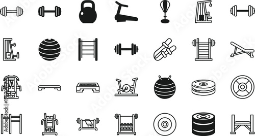 Gym equipment icons set with dumbbells kettlebell treadmill weight plates and workout machines in cad drawing flat vector illustration for fitness