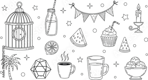 Hand drawn summer party collection with cupcake watermelon birdcage candle drink and palm tree cad drawing flat vector illustration for design