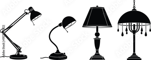 Interior lighting lamp silhouettes set with desk lamp table lamp and decorative chandelier cad drawing flat vector illustration for home decor