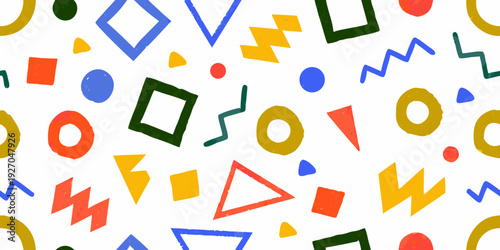 Colorful geometric shapes scattered across a bright white background