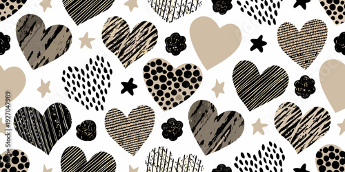 Seamless pattern of hand drawn hearts and stars in neutral tones