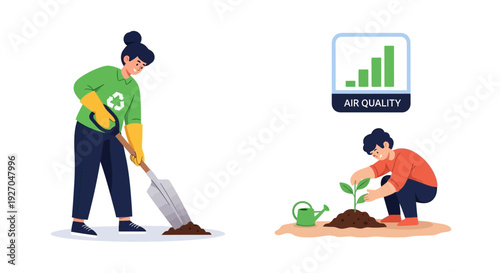 People improving air quality through cleaning and planting.