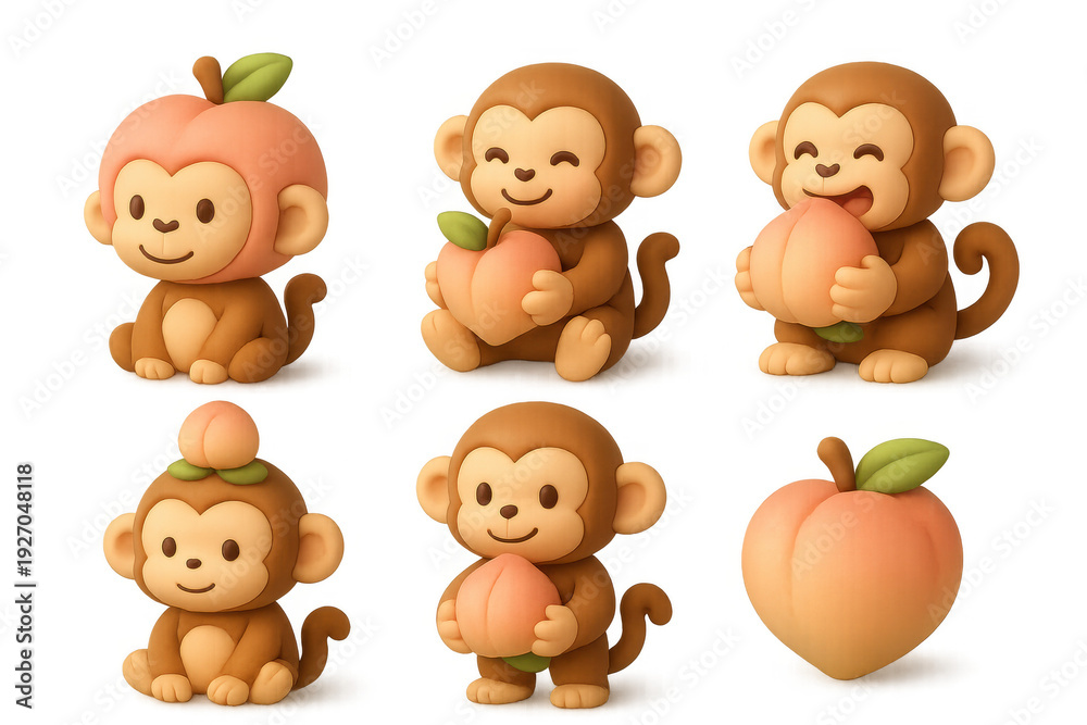 Fototapeta premium Cute clay monkeys with peaches, a delightful collection of playful characters