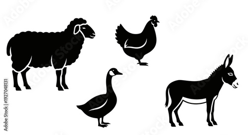 Farm Animals Silhouettes: Sheep, Chicken, Goose, and Donkey Isolated on White