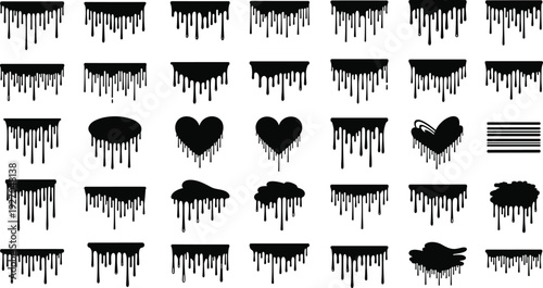 Black paint dripping silhouettes set with melting hearts and liquid ooze drops in cad drawing flat vector illustration for creative design