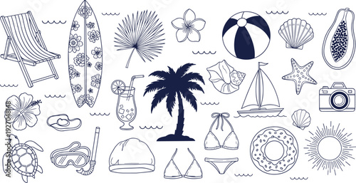 Summer beach vacation collection with surfboard palm tree bikini sea turtle sailboat and sun cad drawing flat vector illustration for travel