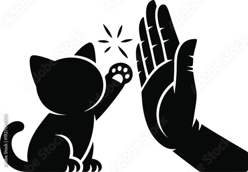 Cute cat playfully touching human hand with paw