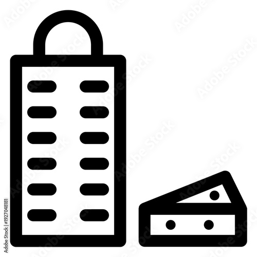 A simple illustration of a grater and a piece of cheese. A culinary essential for grating food items