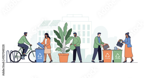 People practicing eco-friendly habits in urban setting.
