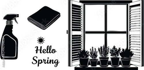 Minimalist vector art of open window with flower pots and shutters with spray bottle and folded cloth with hello spring text and sun icon in simple black silhouette style