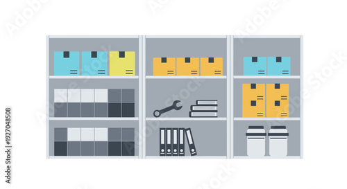 Storage Shelving Unit with Boxes and Supplies.
