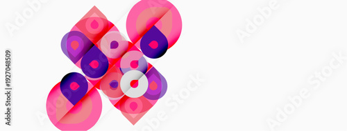 Abstract geometric composition. Overlapping circles create complex cross shape. Pink, purple hues dominate white background. Modern design.
