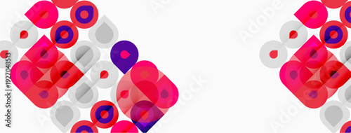 Abstract geometric pattern. Circles, squares overlap creating vibrant visual effect. Pink, purple hues dominate white background. Modern design.