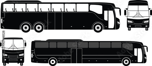 Vector silhouette of a modern luxury coach bus from side and front view perspectives isolated on white background for transport and travel industry design