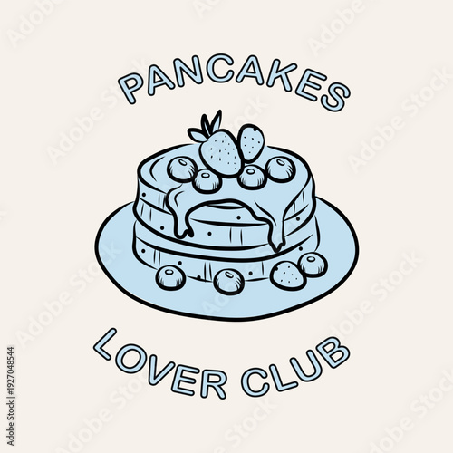 Hand drawn doodle illustration of pancakes with the phrase "Pancakes Club" in pink. Perfect for breakfast cards, menus, posters, and social media.