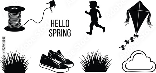 Black silhouette vector art of string spool flying kite child running with shoes grass and cloud elements with hello spring typography seasonal outdoor leisure design