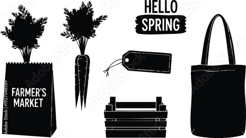 Minimalist black silhouette vector art of carrots and tags with farmer market bag and hello spring text seasonal garden fresh produce shopping eco friendly reusable tote and wooden crate illustration