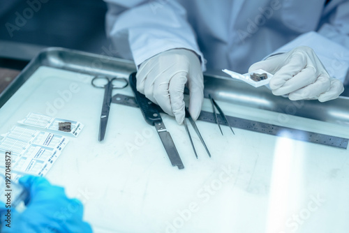 Konstfotografi Forensic pathologist extracting trace evidence specimen via precision forceps