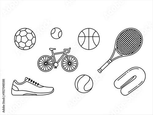 Black‑and‑white illustration of mixed sports items including soccer ball, baseball, basketball, tennis racket, bicycle, sneaker, tennis ball, and magnet, symbolizing fitness and athletics