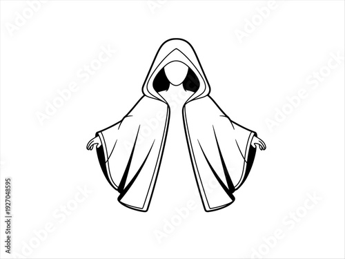 Black‑and‑white stylized illustration of faceless hooded figure with flowing cloak and extended hands, symbolizing mystery, fantasy, and ceremonial presence