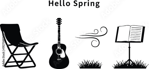 Black silhouette vector art of folding chair guitar music stand and swirling wind elements with hello spring text seasonal outdoor nature design