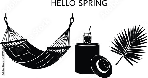 Minimalist vector art of hammock with pillow beside table holding drink and hat with palm leaf and hello spring text above in simple black silhouette style