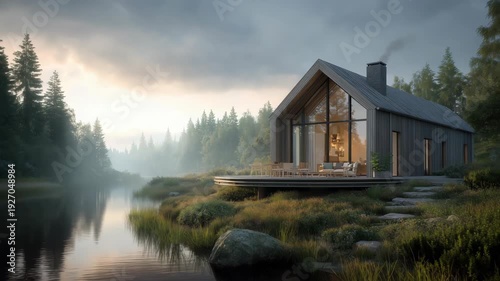 Modern wooden eco-villa with terrace on a misty lake at sunrise