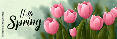 Hello spring banner background with spring season sale text and tulip flowers. Can be used for web banners, wallpaper, flyers, voucher discount. Horizontal wide