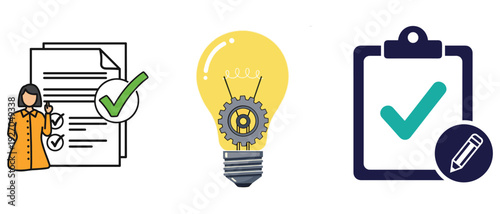 Business task management icons for project verification and creative ideas