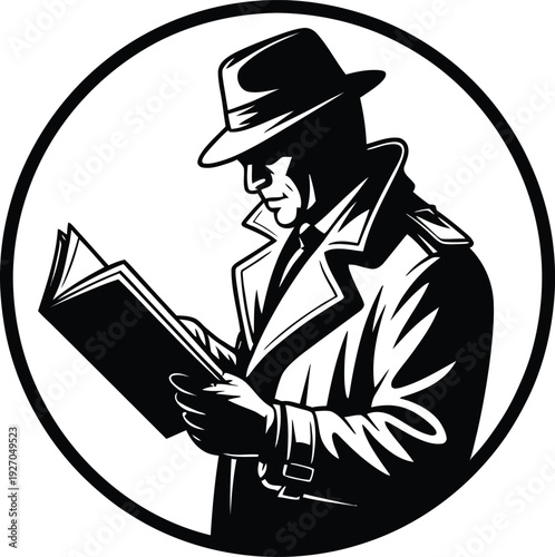 Man in trench coat and fedora reading book in circle