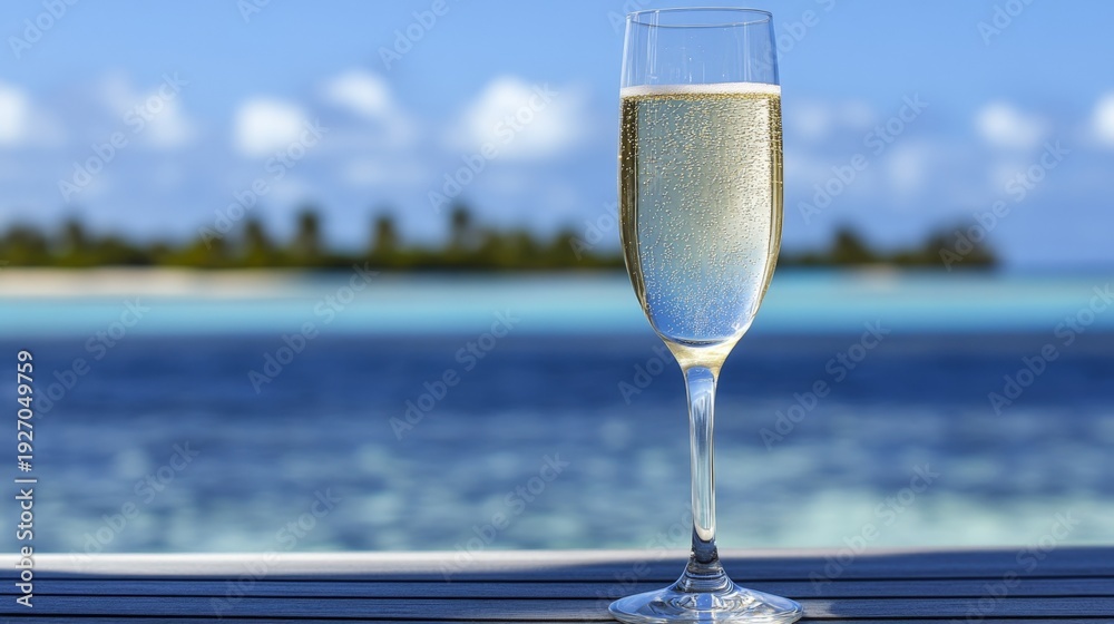 Fototapeta premium A glass of champagne is sitting on a table by the ocean. The glass is half full and the bubbles are rising to the top. The scene is serene and relaxing, with the ocean in the background