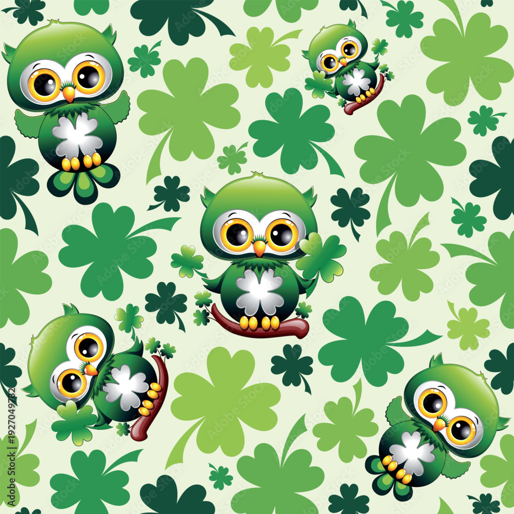 Fototapeta premium St Patrick Cute Baby Owl with Shamrock Clover Irish Symbol Vector Seamless Textile Repeat Pattern Design 