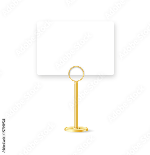 Realistic 3D silver clip displaying blank template on desktop. Perfect mockup for cafe menu, office reminder, business badge, or tabletop presentation flyer.