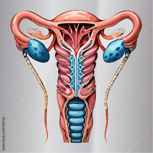 Detailed anatomical illustration of uterus, fallopiantubes, ovaries, cervix, and vagina in clinical gray studio view
