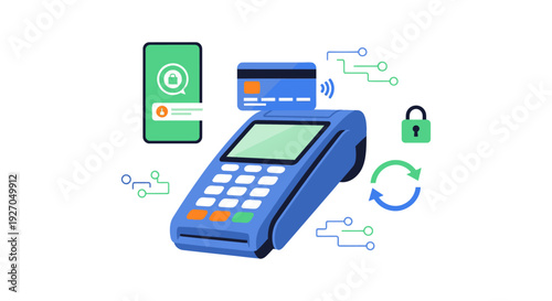 Modern Secure Payment Processing Illustration: POS Terminal, Contactless Card, Mobile Banking, and Transaction Security.